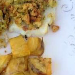 Bacalhau com crosta de alho, azeite e coentros